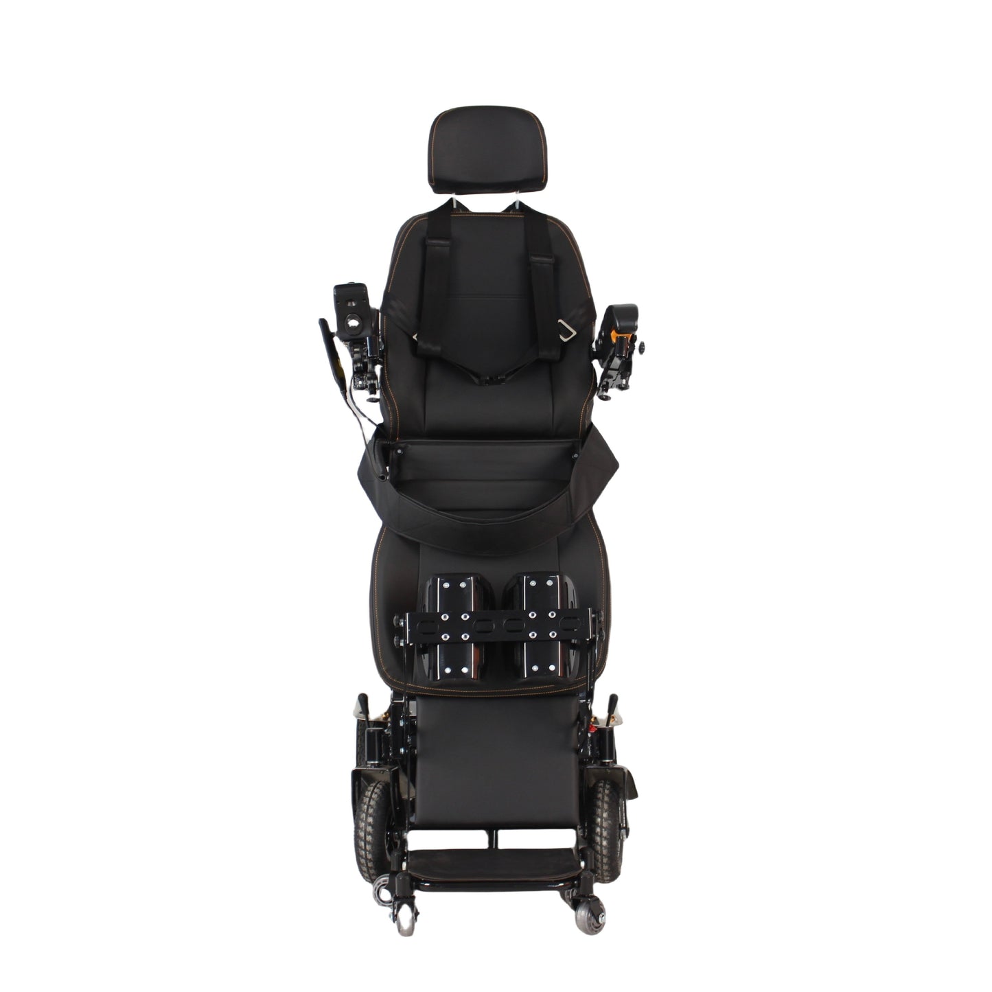 A black power wheelchair shown from the rear view against a solid white background.