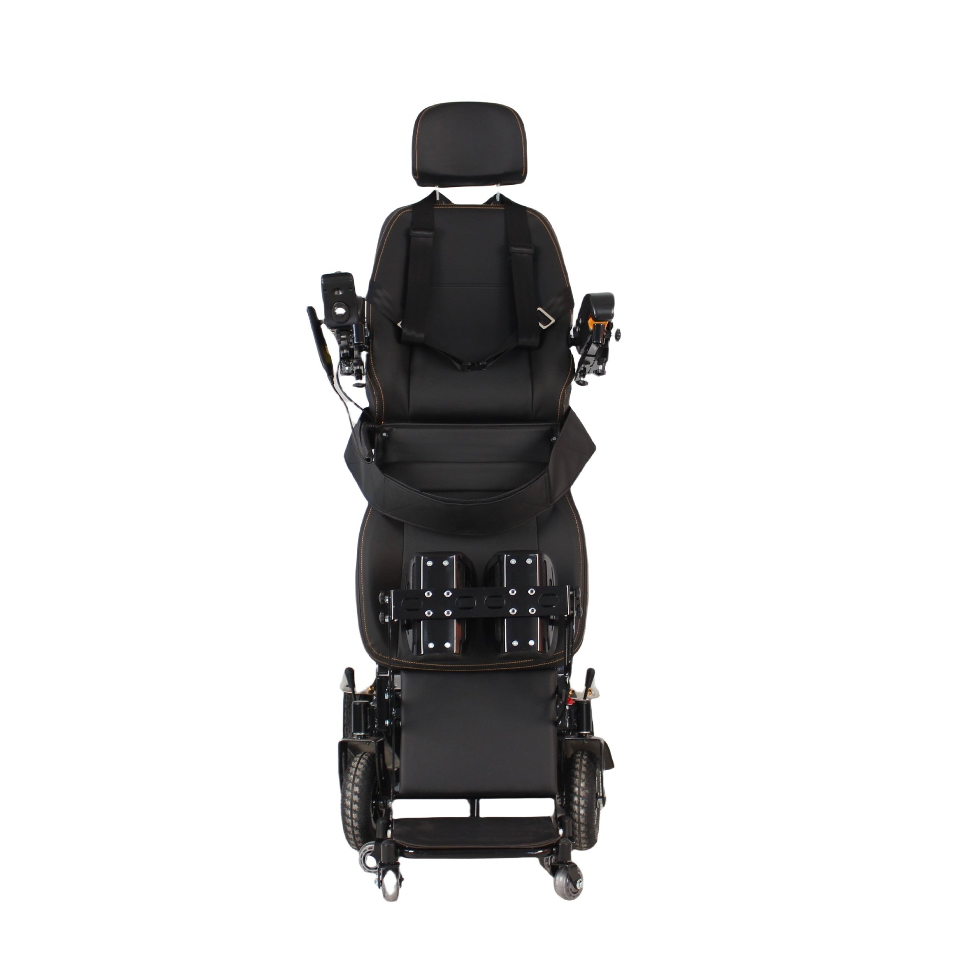 A black power wheelchair shown from the rear view against a solid white background.