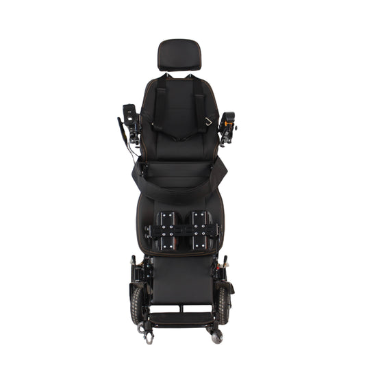 A black power wheelchair shown from the rear view against a solid white background.