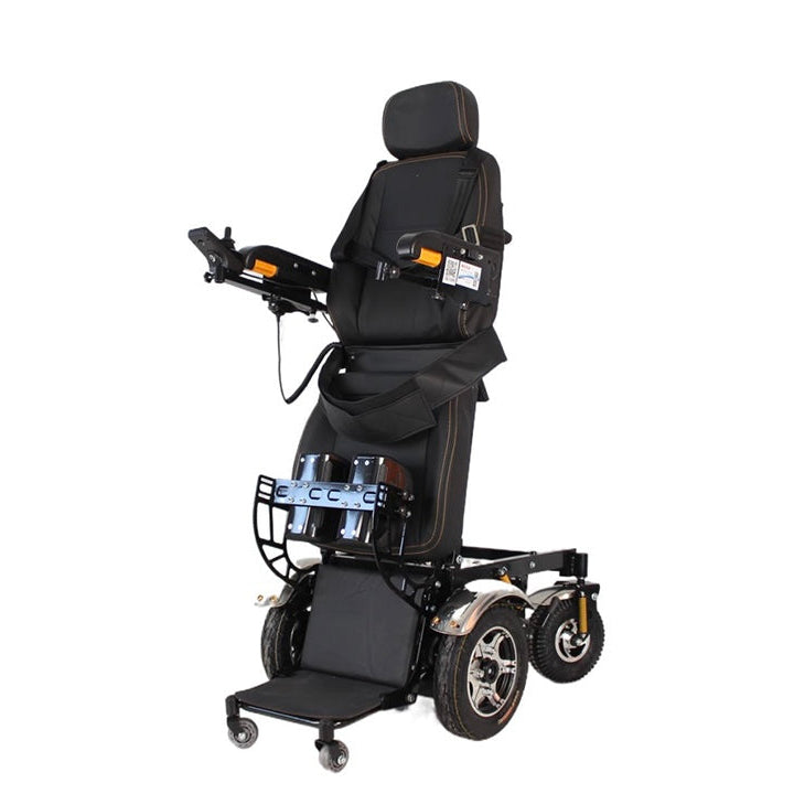 Black power wheelchair with a high backrest, armrest controls, and a front storage basket holding two blue water bottles, shown on a plain white background.