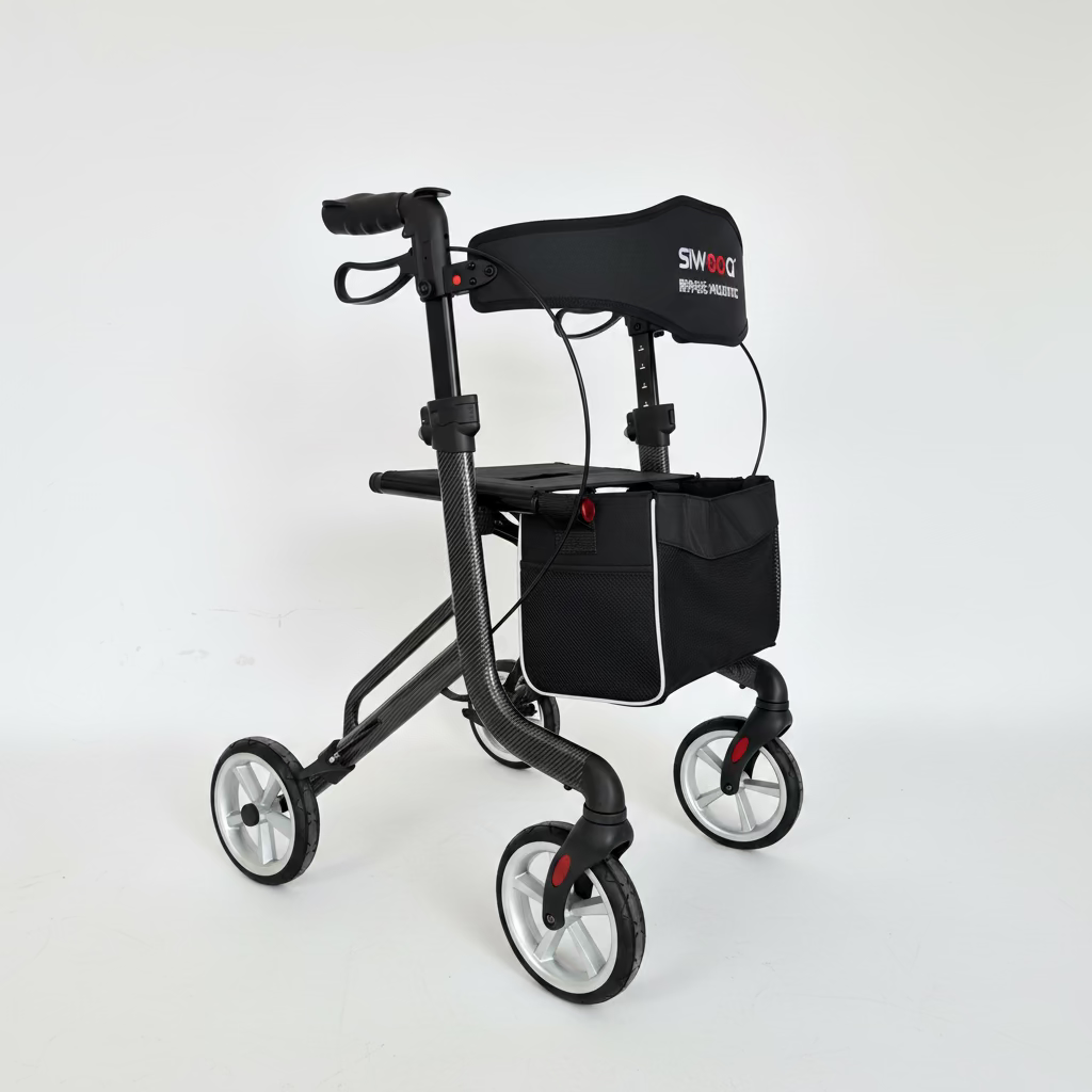 A black carbon-fiber-textured rollator walker with a storage basket and a padded backrest, shown on a dark reflective surface against a white studio background.