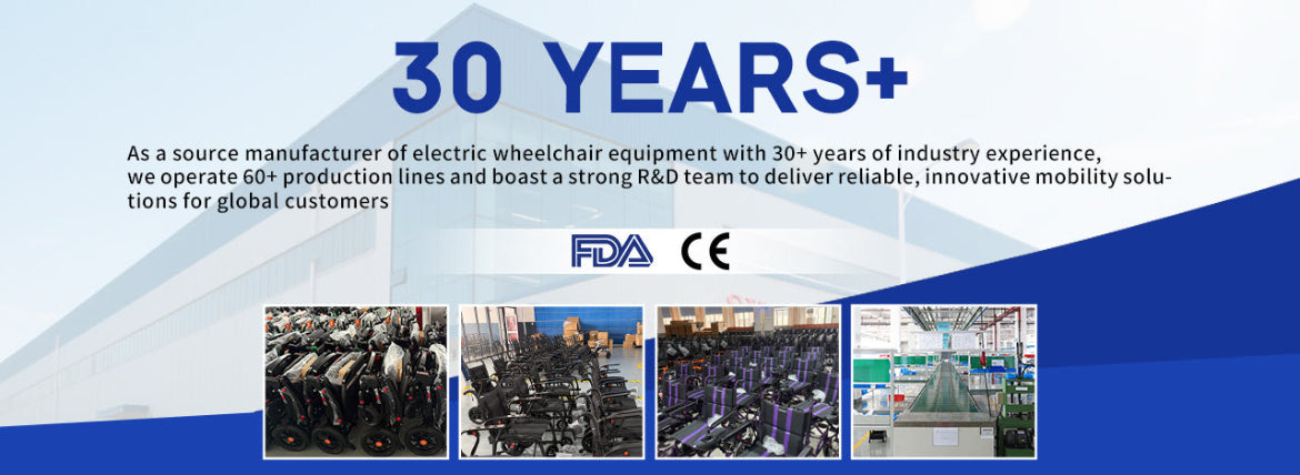 Promotional banner for a wheelchair equipment manufacturer with text and images of production lines.